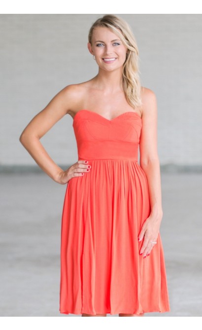 Rosalee Strapless Midi Dress in Orange Coral