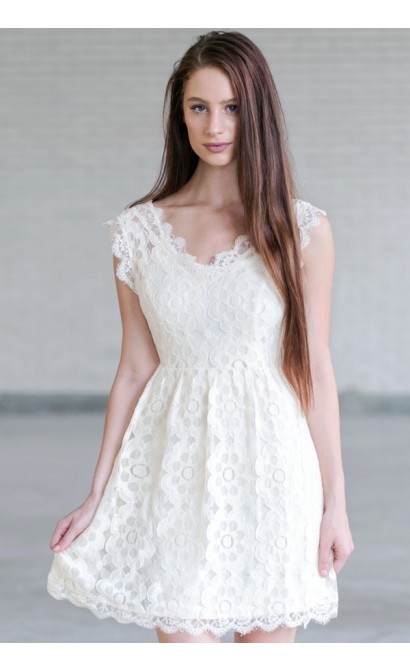 Cream Lace A-Line Dress, Cute Cream Dress, Cream Bridal Shower Dress