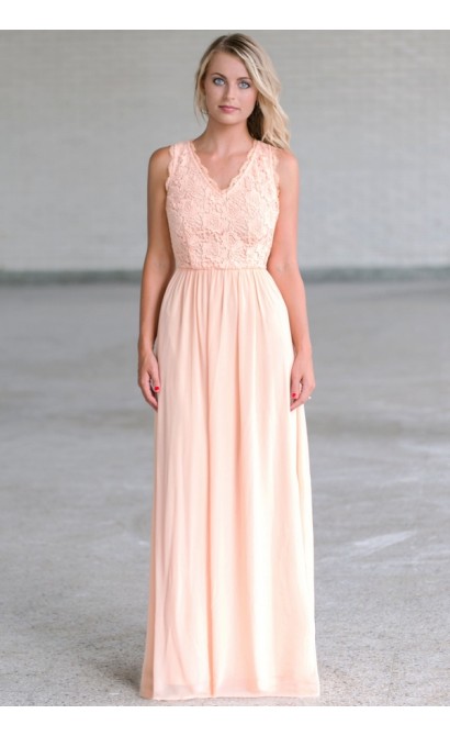 Peach Lace Maxi Dress Online, Cute Summer Dress, Peach Lace Bridesmaid Dress