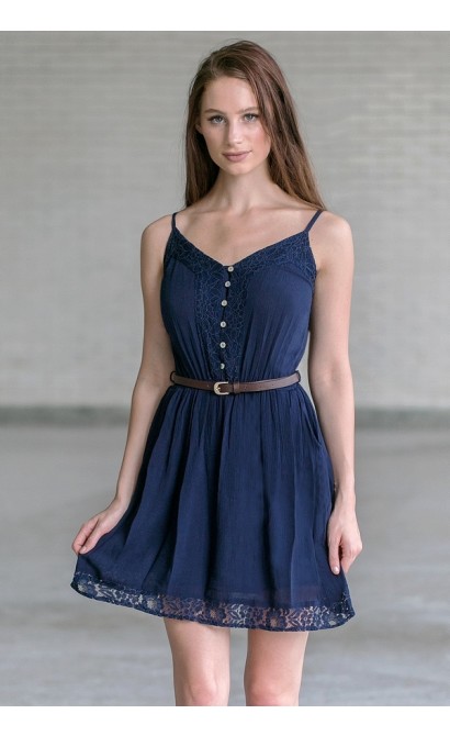 Cute Belted Navy Summer Dress, Navy Juniors Sundress Online