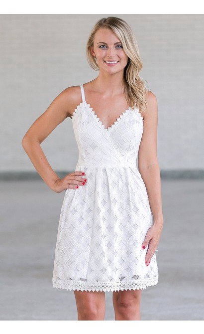 Off White Lace A-Line Party Dress, Cute Ivory Summer Sundress Online, Rehearsal Dinner Dress