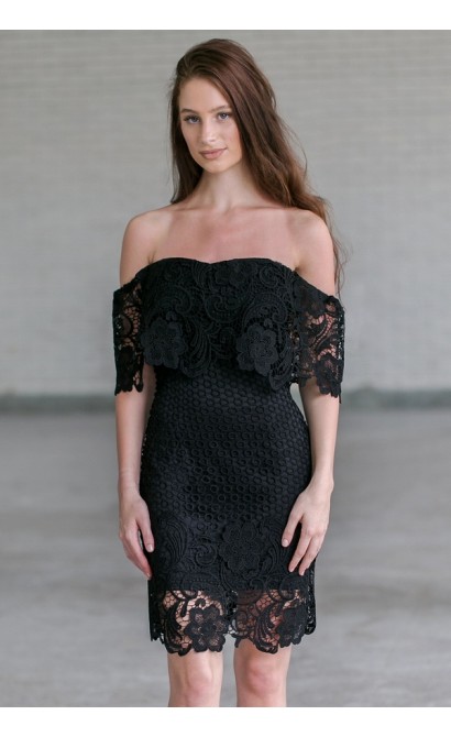 Black crochet lace off shoulder dress, Cute Little Black Dress Online