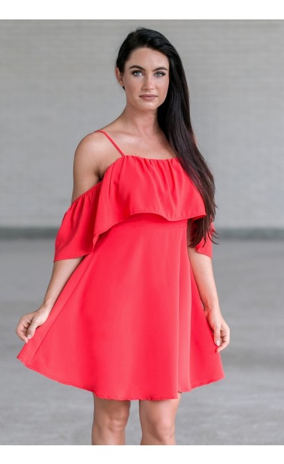 Red Off Shoulder Ruffle Dress, Cute Red Party Dress Online