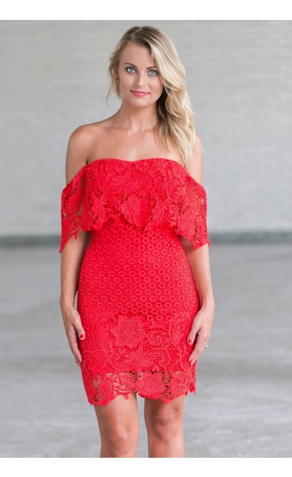 Red crochet lace off shoulder dress, Cute Juniors Dress Online