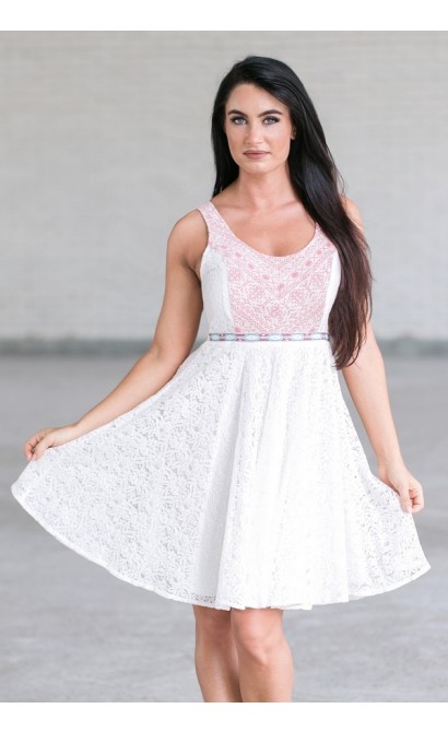 White and Red Embroidered A-Line Summer Dress, Cute Sundress Online