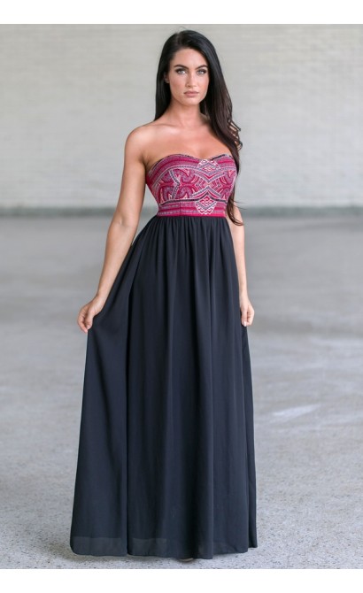 Black and Burgundy Embellished Maxi Dress, Cute Formal Dress
