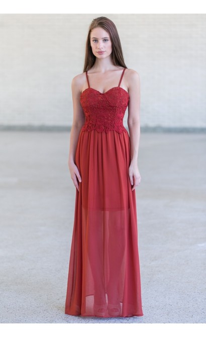 Rust Red Lace Maxi Dress, Cute Summer Maxi Dress Online