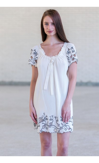 Cream and Black Embroidered Babydoll Dress, Cute Juniors Dress Online