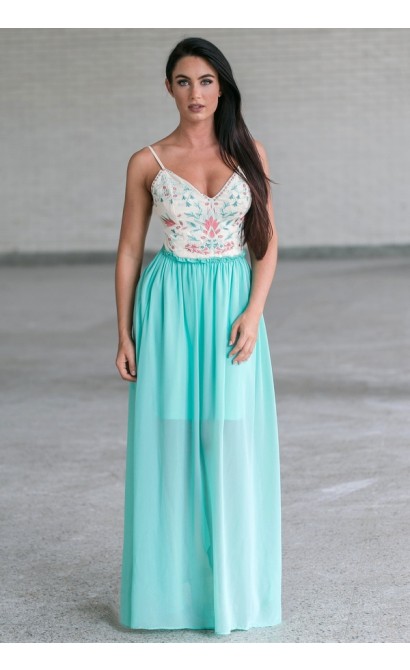 Mint Embroidered Open Back Maxi Dress, Cute Juniors Summer Dress