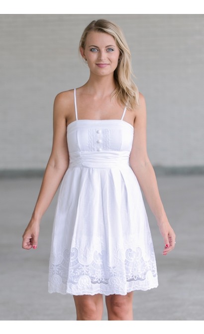 White A-Line Sundress, Cute Summer Dress, White Embroidered Dress