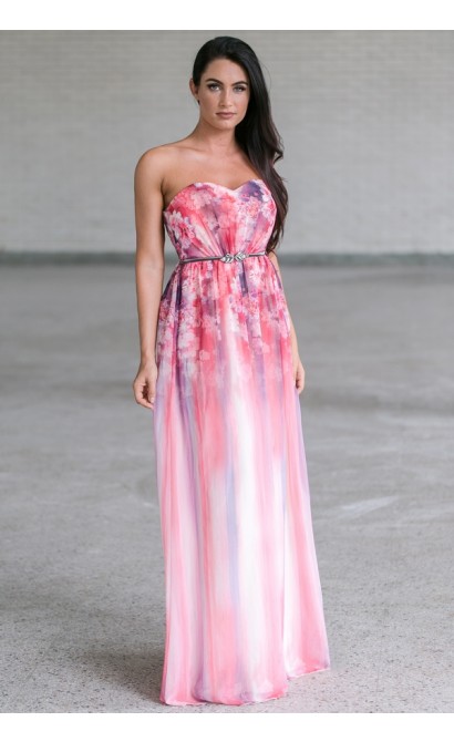 Pink Floral Print Maxi Dress, Watercolor Prom Dress