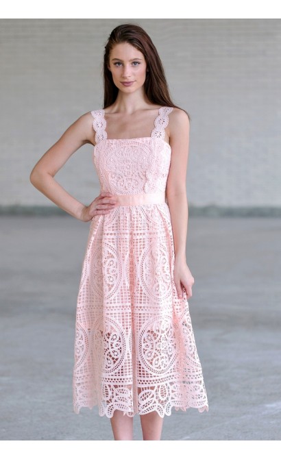 Pink Lace Midi Dress, Cute Pink A-Line Dress