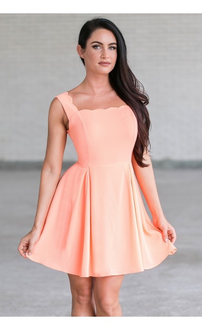 Neon Orange Coral Scalloped A-Line Summer Dress