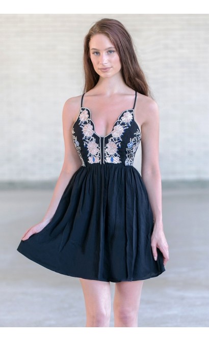 Black Embroidered Sundress, Cute Summer Dress Online