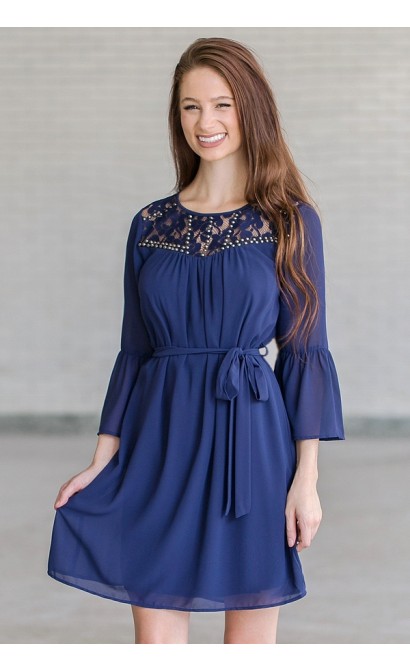 Navy Bell Sleeve Studded Dress, Cute Fall Dress Online
