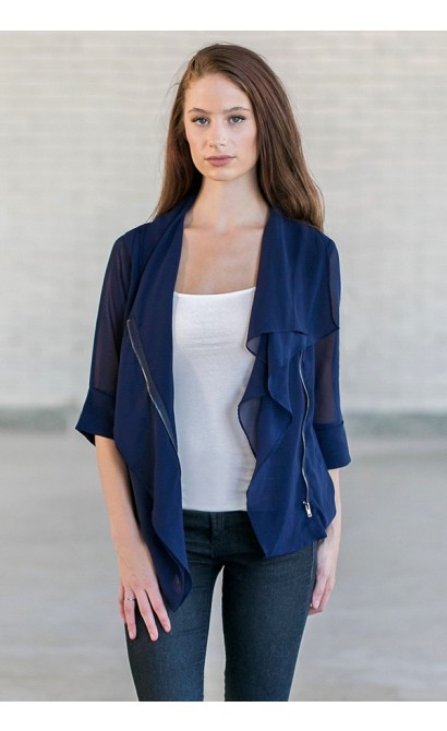 Navy Chiffon Jacket, Cute Navy Blazer