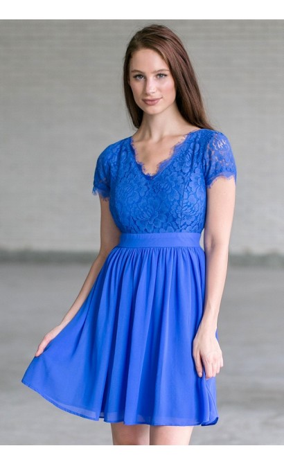 Bright Royal Blue Capleeve Dress, Blue Lace Party Dress