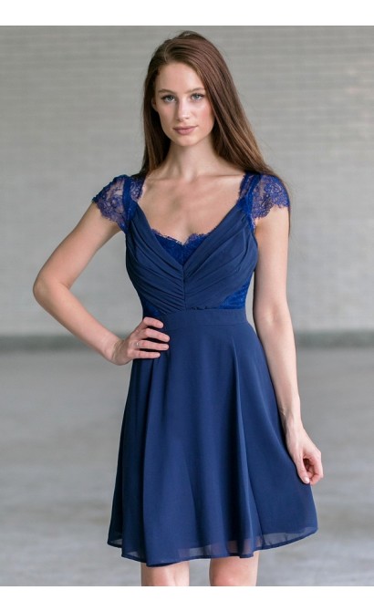 Navy bridesmaid dress, cute navy party dress for juniors