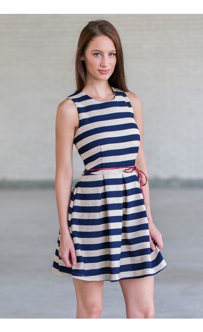 Navy and Beige Stripe Dress, Cute Summer A-Line Party Dress