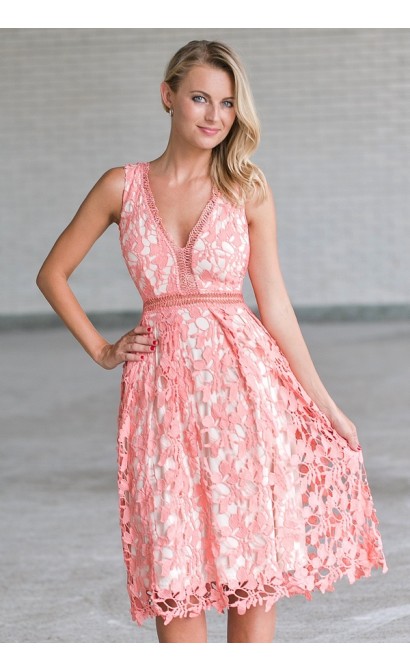 Coral Pink Lace A-Line Dress, Cute Pink Lace Bridesmaid Dress