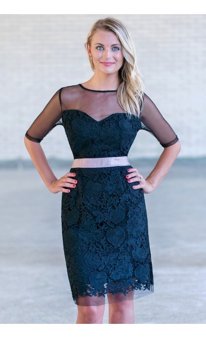 Black Lace Sheath Dress, Cute Black Lace Cocktail Dress