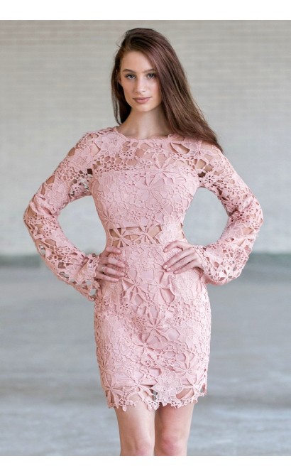 Pink Longsleeve Lace Dress, Cute Pink Boho Dress