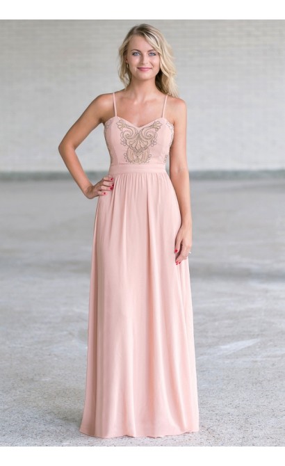 Blush pink and gold embroidered maxi dress, Cute formal dress