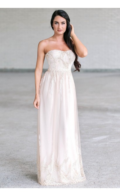 Ivory and Gold Maxi Prom Dress, Cute Formal Dress
