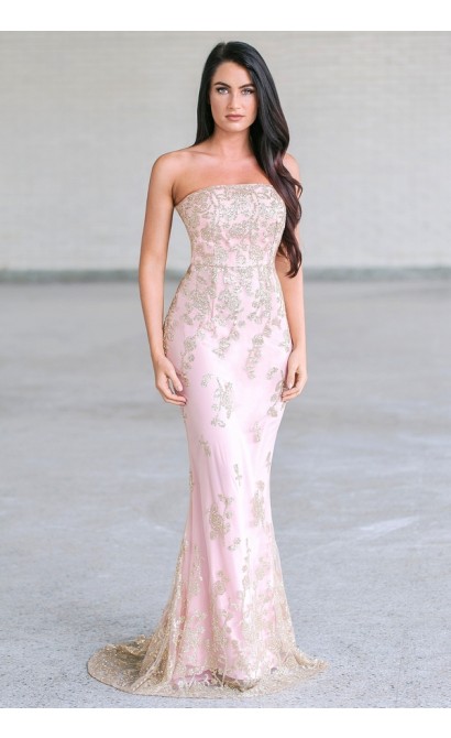 Rose pink and gold maxi prom dress, Formal pink gown