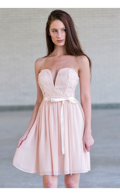 Blush Pink Strapless Lace and Chiffon Dress, Cute Pink Party Dress