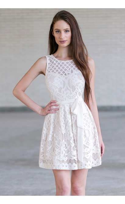 Beige Lace A-Line Dress, Cute Beige Rehearsal Dinner or Bridal Shower Dress