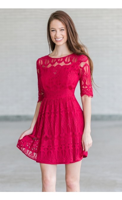 Burgundy Red Lace Holiday Party Dress