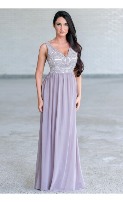 Bold and Beaded Maxi Dress in Pale Lavender Grey
