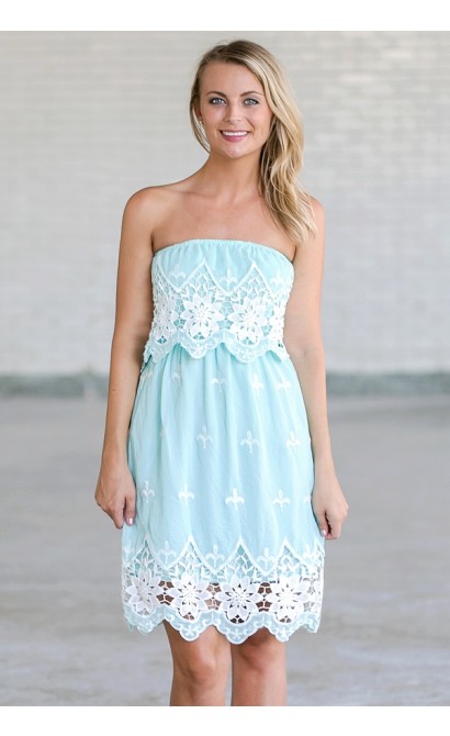 Flower Patch Embroidered Strapless Dress in Sky