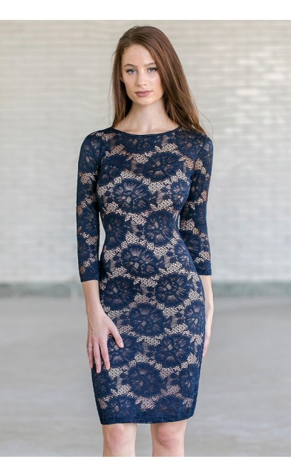 Lovely Lace Half Sleeve Pencil Dress in Navy