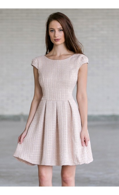 Cute Beige Tweed A-Line Work Dress