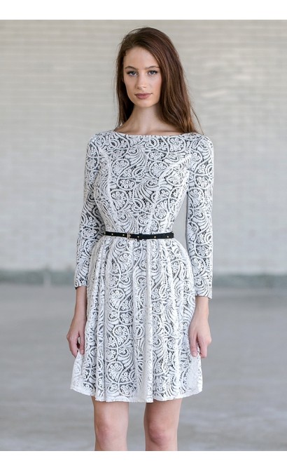 Ivory and Black Lace Belted Three Quarter Sleeve A-Line Designer Dress