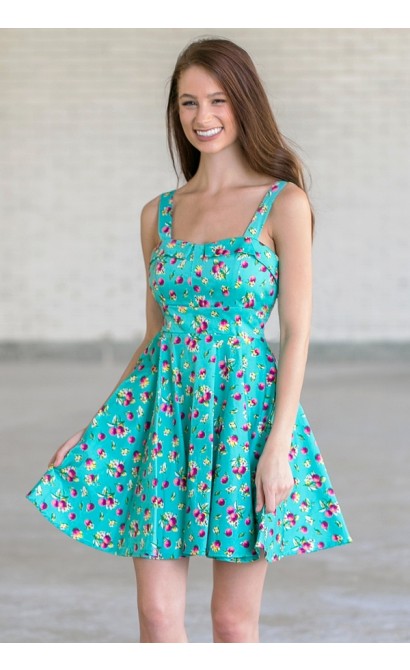 Cheerful Cranberries Teal Printed Fit and Flare Dress 