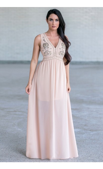 Nude Beige Beaded Embellished Prom Maxi Formal Bridesmaid Dress