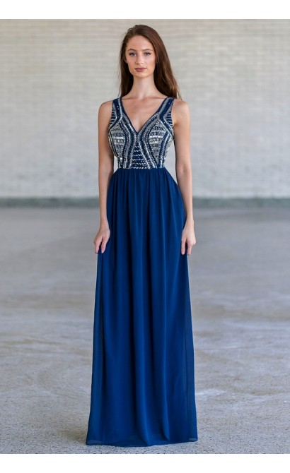 Bold and Beaded Maxi Dress in Navy