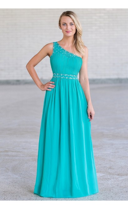 Sparkle In Style One Shoulder Embellished Maxi Dress in Teal