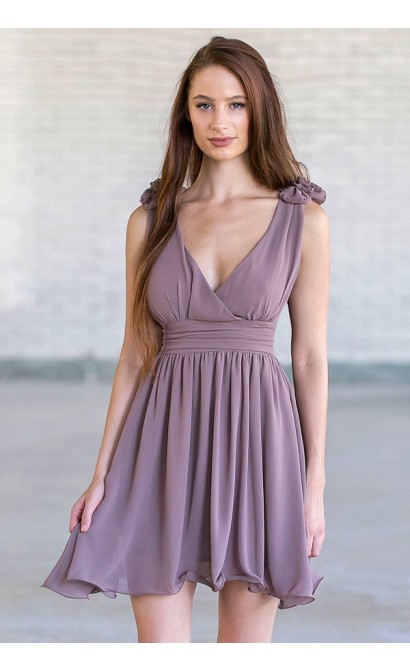 Rosette Shoulder Dress in Lavender Grey