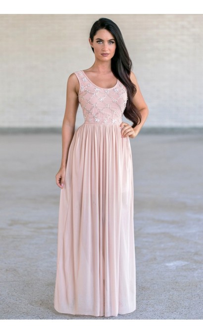 All In The Details Pearl Beaded Maxi Dress in Pale Pink