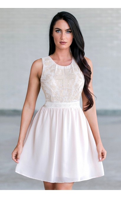 Amanda Embroidered and Embellished A-Line Dress in Cream Blush