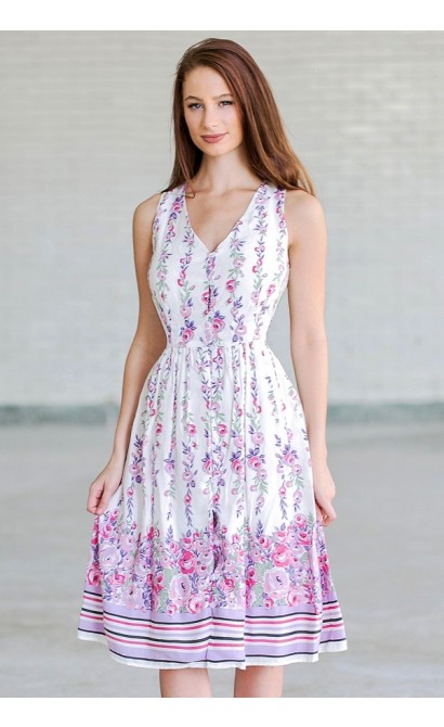 Lavender Rose Button Front Floral Print Midi Sundress