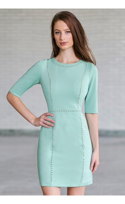 Gold Stud Embellished Sheath Dress in Green