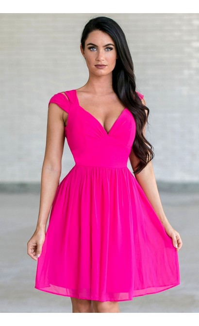 Dual Strap Off Shoulder Chiffon Dress in Hot Pink