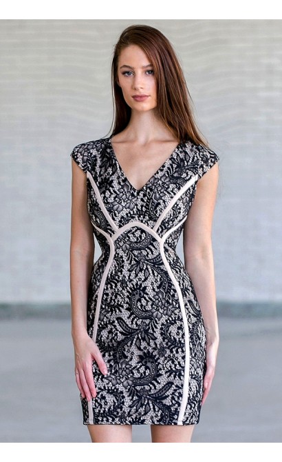 Classy Contrast Fabric Piping Capsleeve Lace Dress in Black/Beige