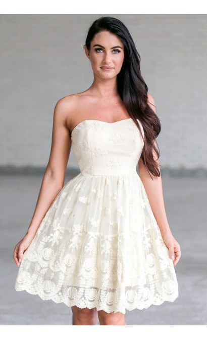 Cream Embroidered A-Line Dress, Cute Rehearsal Dinner Dress