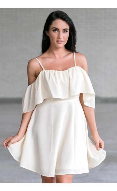 Cream Off Shoulder Ruffle Dress Online, Cute Summer Dress